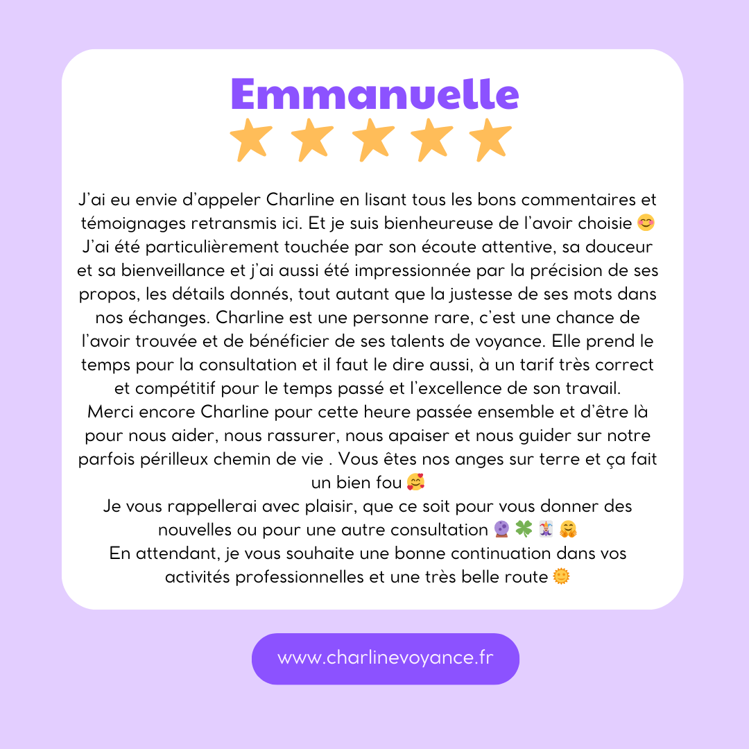 Découvrez les avis de clients satisfaits de leur consultation de voyance par téléphone avec Charline, guidance claire et bienveillante.